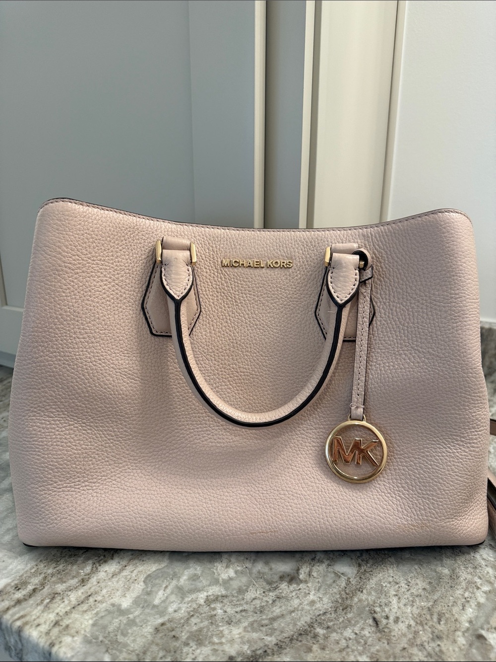 Michael Kors Pale Pink Pebbled Leather Satchel with Gold Charm